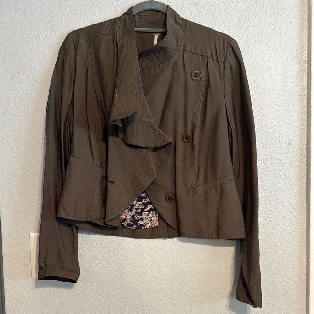Free People Olive Green Blazer Asymmetrical Waterfall Collar